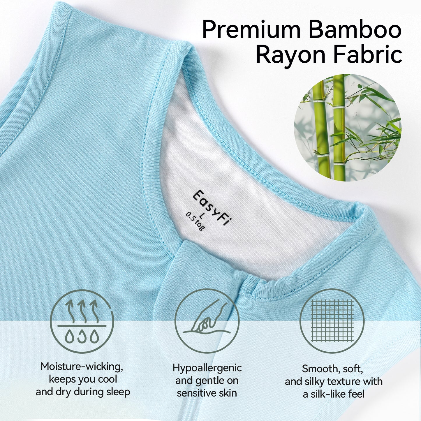 EasyFi Rayon Made From Bamboo Sleep Sack 0.5 Tog 0-36 Months Summer Sleep Sack 2-Way Zipper Super Soft Viscose Sleeping Bag Lightweight Baby Wearable Blanket Thin Blue