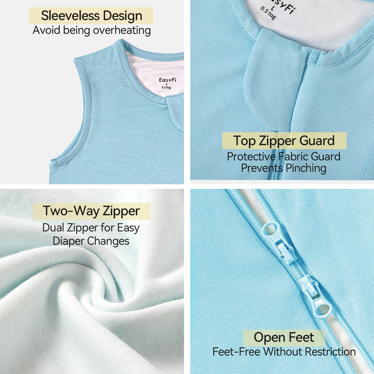 EasyFi Rayon Made From Bamboo Sleep Sack 0.5 Tog 0-36 Months Summer Sleep Sack 2-Way Zipper Super Soft Viscose Sleeping Bag Lightweight Baby Wearable Blanket Thin Blue